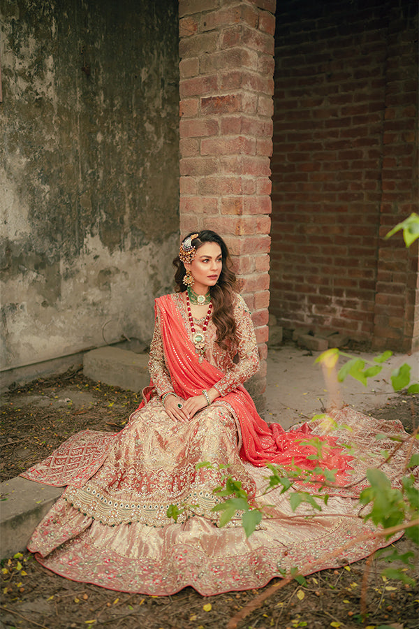Indian Coral Hand-Embellished Tissue Bridal Lehenga (3-Piece) - Image 3