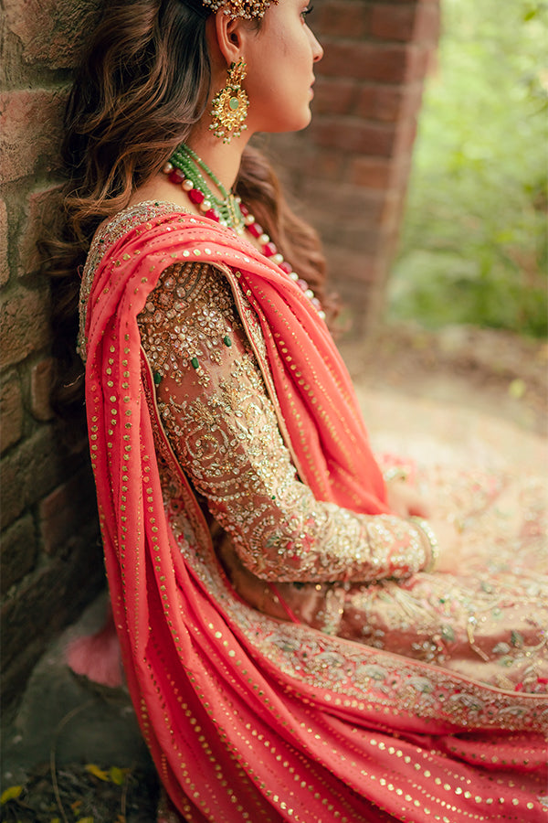 Indian Coral Hand-Embellished Tissue Bridal Lehenga (3-Piece) - Image 4