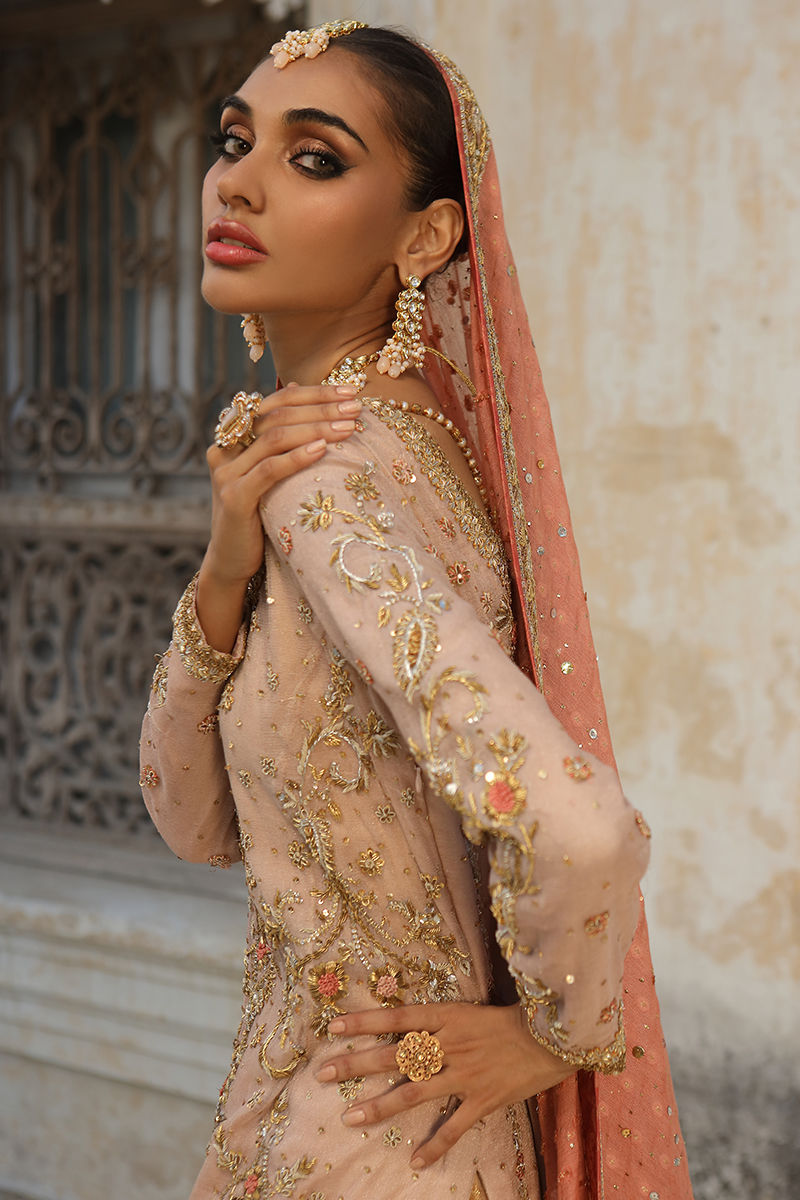 Indian Blush Pink Embellished Net Bridal Lehenga (3-Piece) - Image 4