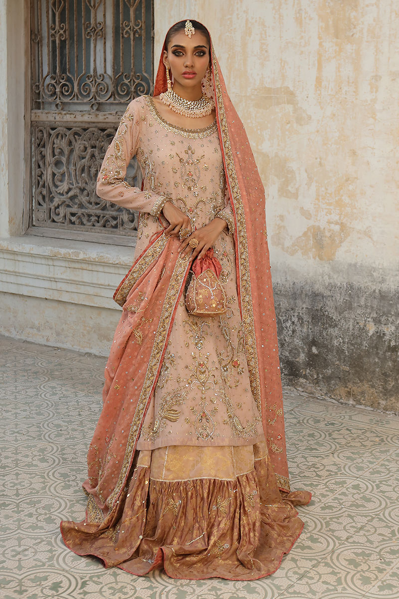 Pakistani Blush Pink Zari Net Bridal Lehenga (3-Piece) - Image 1