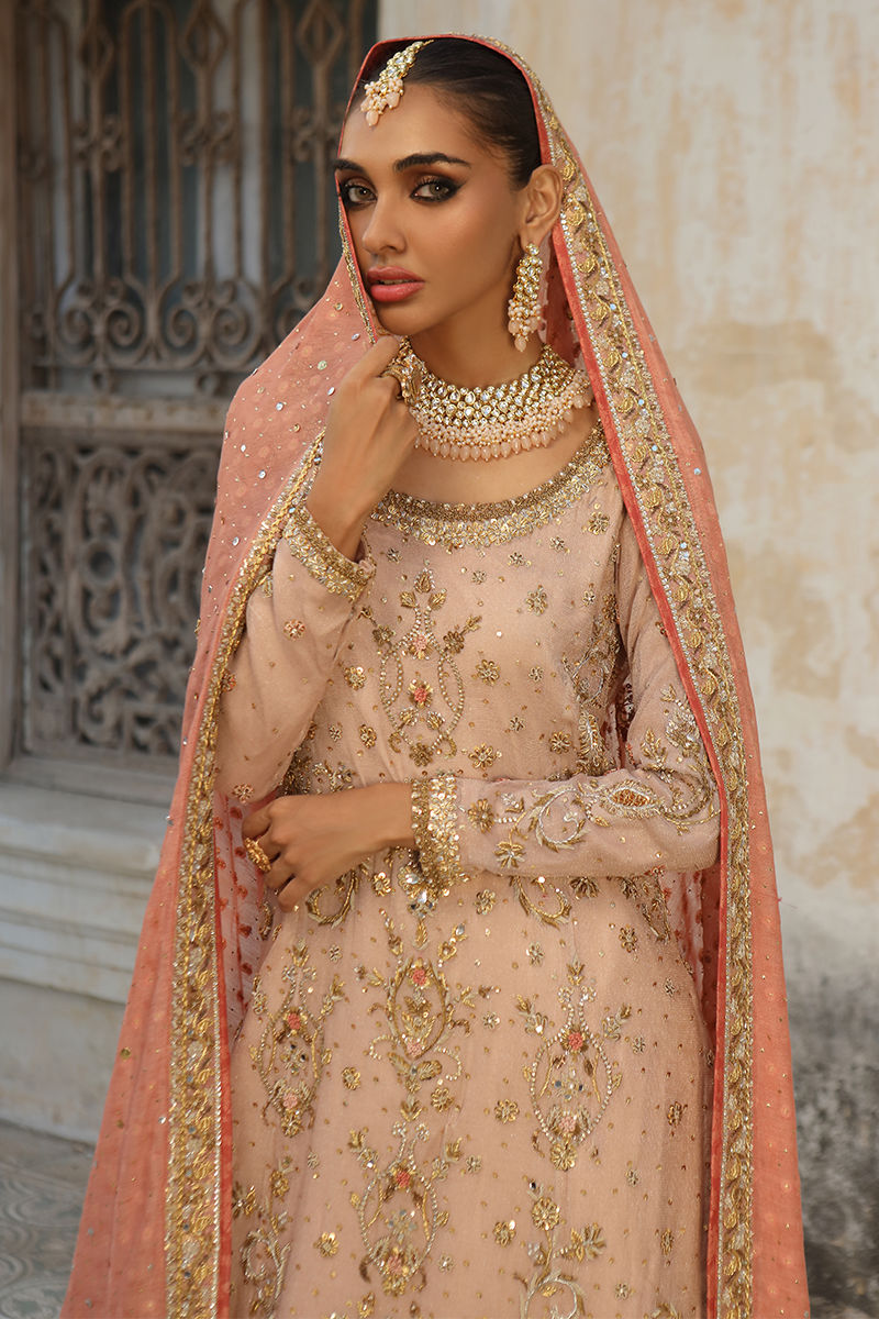 Pakistani Blush Pink Zari Net Bridal Lehenga (3-Piece) - Image 5