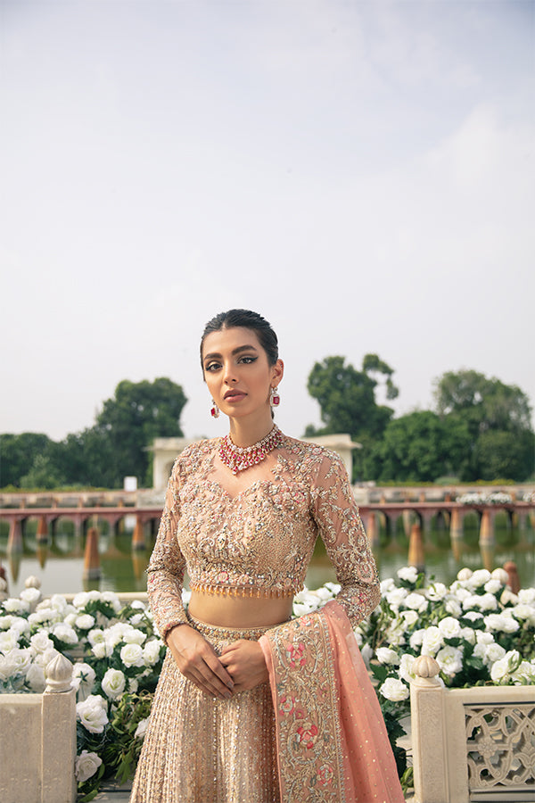 Pakistani Blush Pink Embellished Net Choli with Jamawar Lehenga (3-Piece) - Image 5