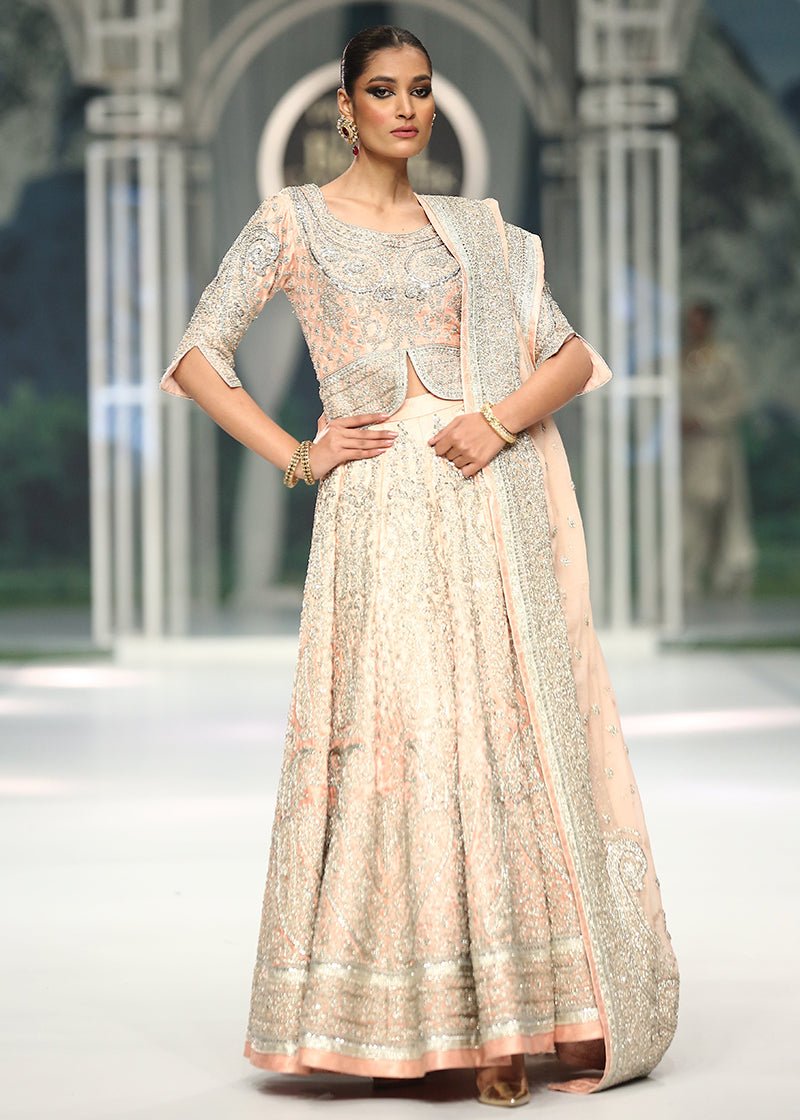 Pakistani Soft Pink Marori Embroidered Jamawar Lehenga Choli (3-Piece) - Image 1