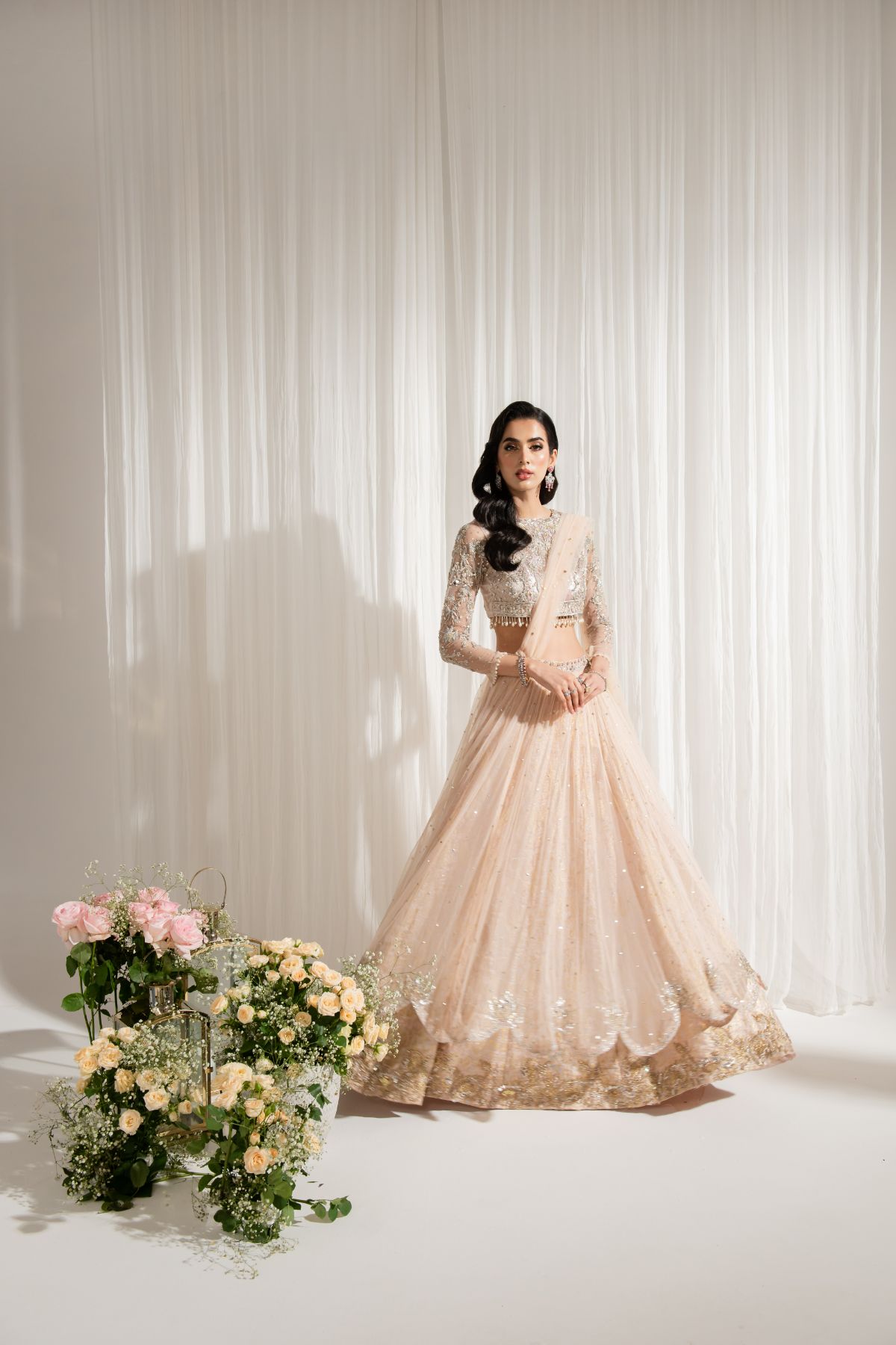 Pale Pink Hand-Embellished Jamawar & Net Lehenga (3-Piece) - Image 1