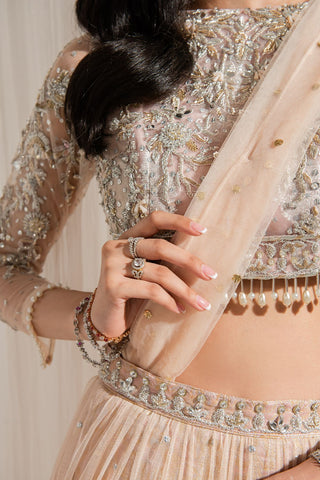 Pale Pink Hand-Embellished Jamawar & Net Lehenga (3-Piece) - Image 4
