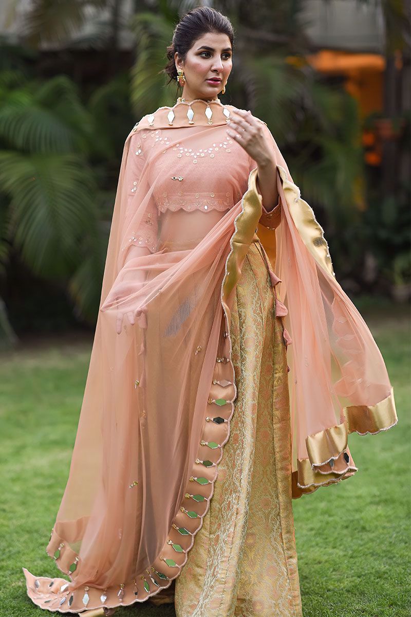 Pakistani Peach Pink Mirror Work Jamawar Lehenga Choli (3-Piece) - Image 1