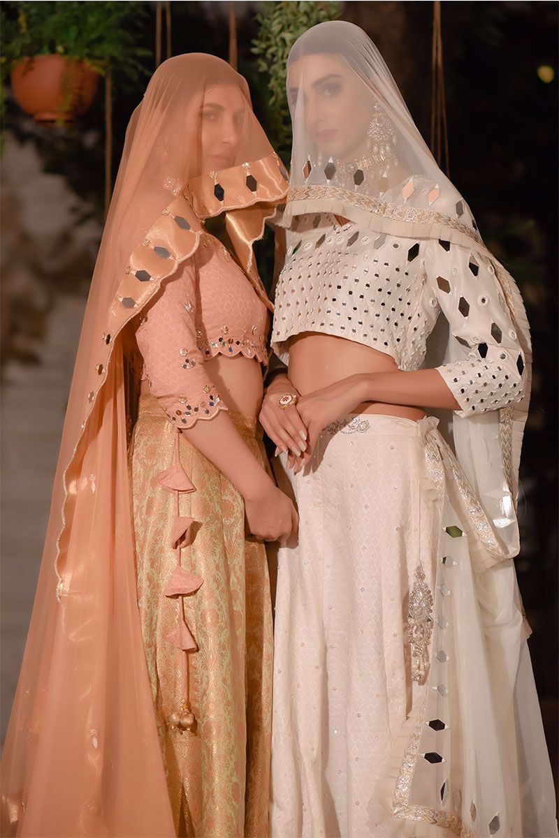 Pakistani Peach Pink Mirror Work Jamawar Lehenga Choli (3-Piece) - Image 5