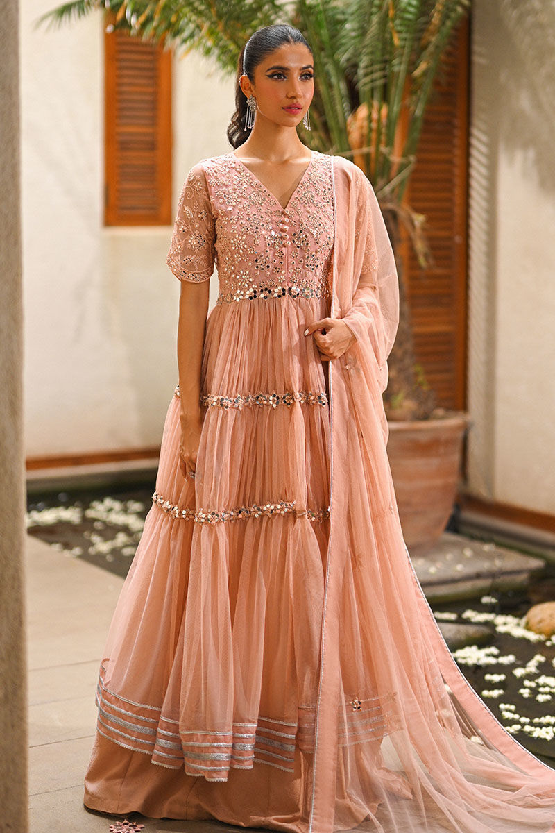 Blush Pink Mirror-Worked Net Lehenga (3-Piece) - Image 1