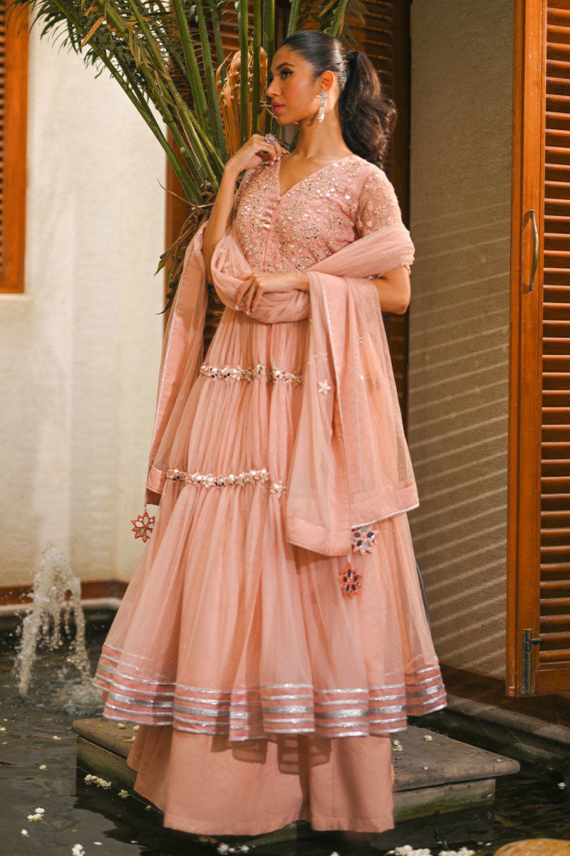 Blush Pink Mirror-Worked Net Lehenga (3-Piece) - Image 5