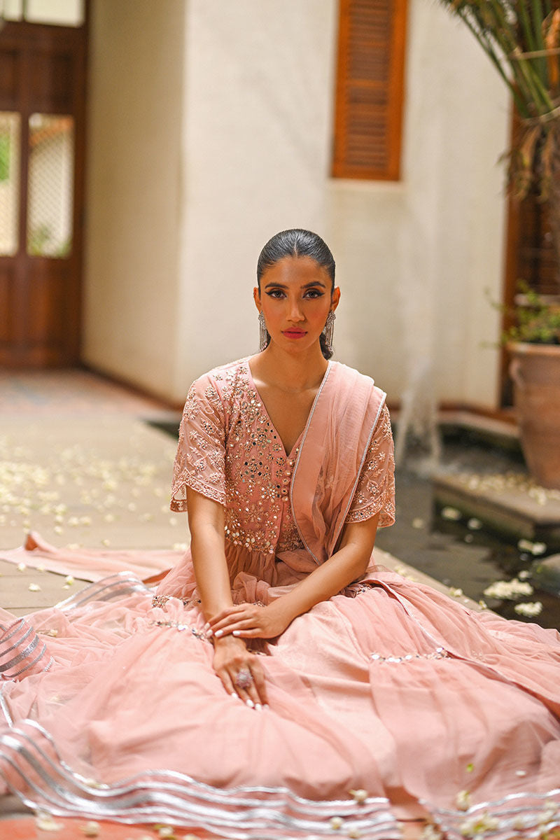 Blush Pink Mirror-Worked Net Lehenga (3-Piece) - Image 6