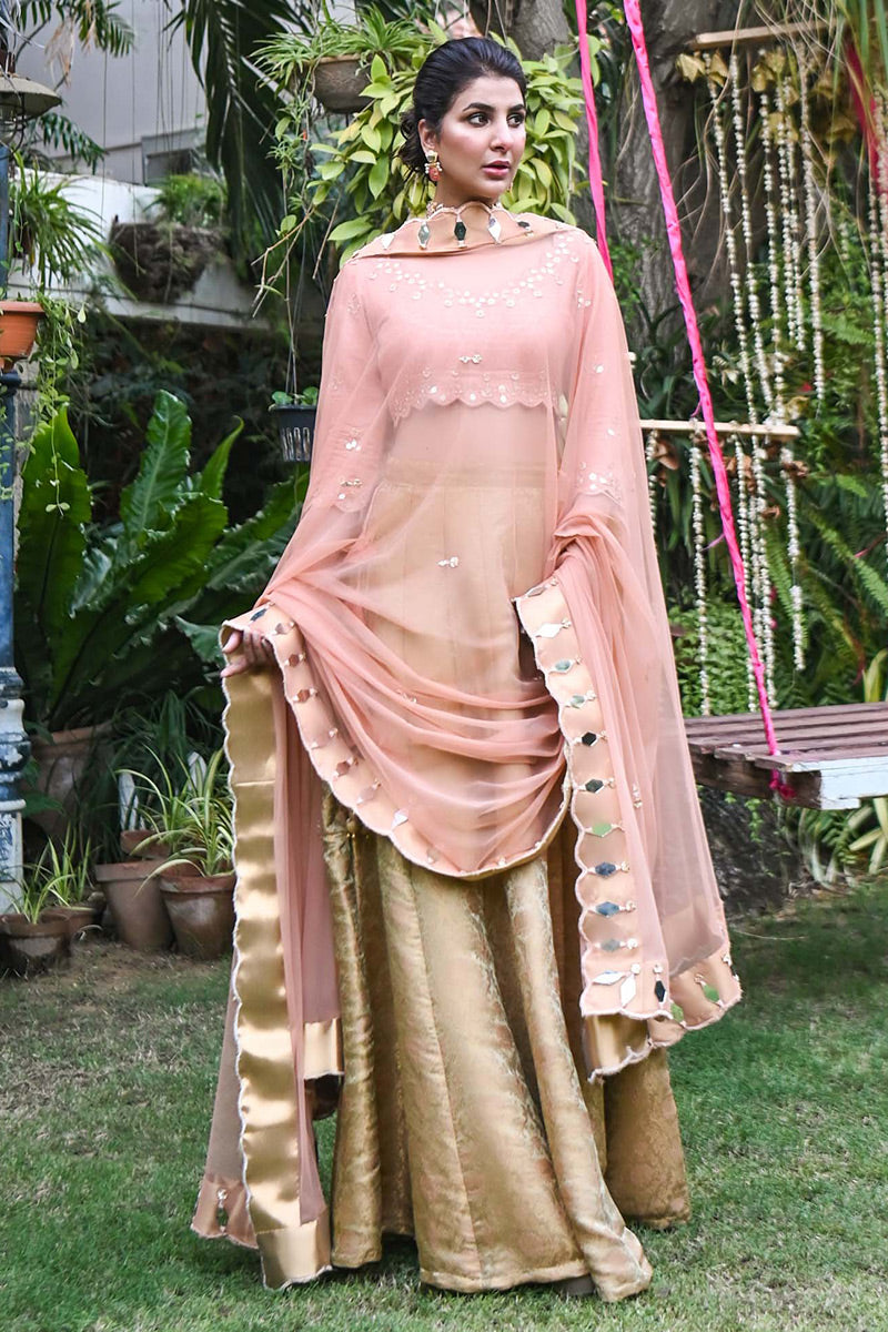 Peach Mirror Work Net & Jamawar Lehenga Choli (3-Piece) - Image 2