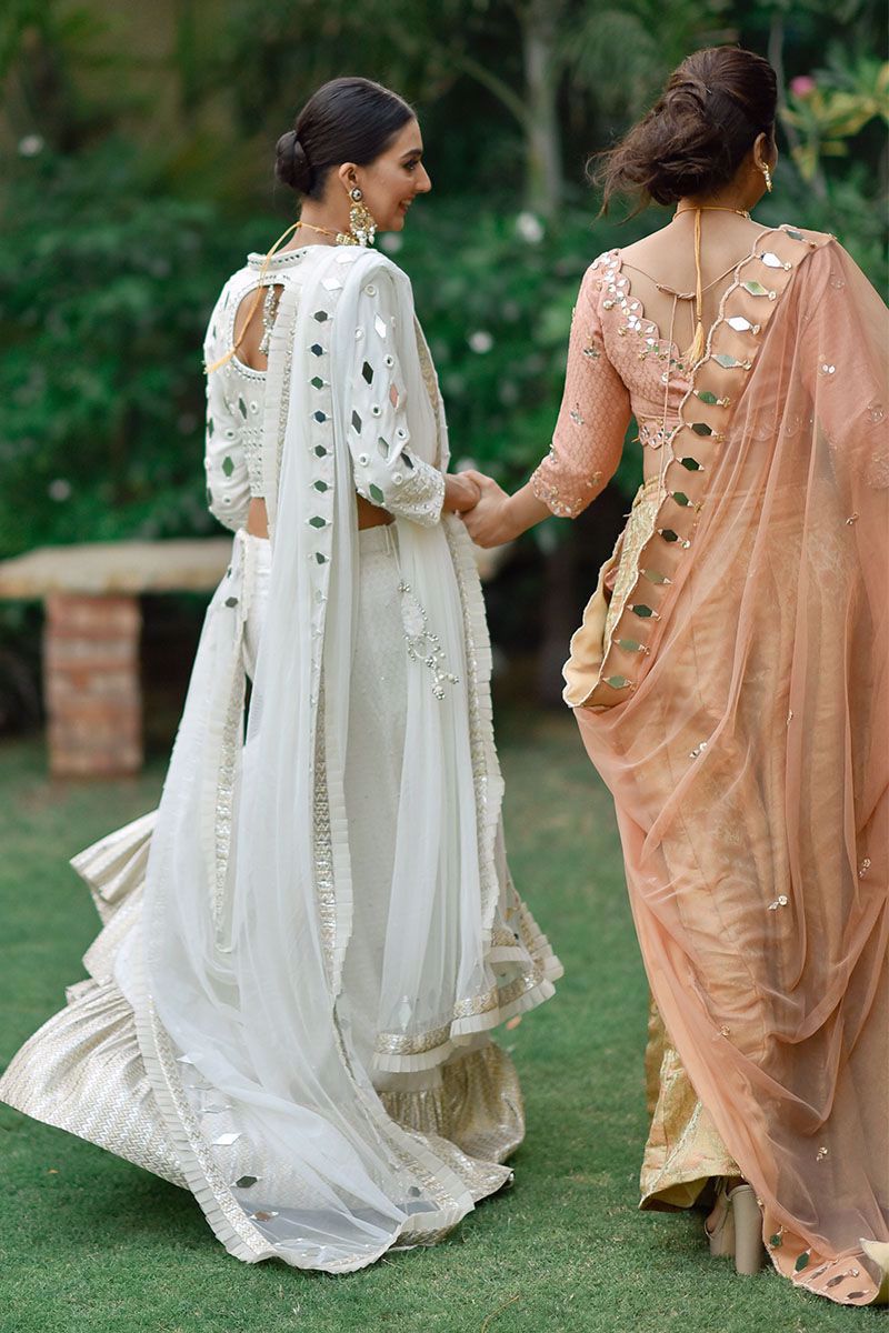 Peach Mirror Work Net & Jamawar Lehenga Choli (3-Piece) - Image 4