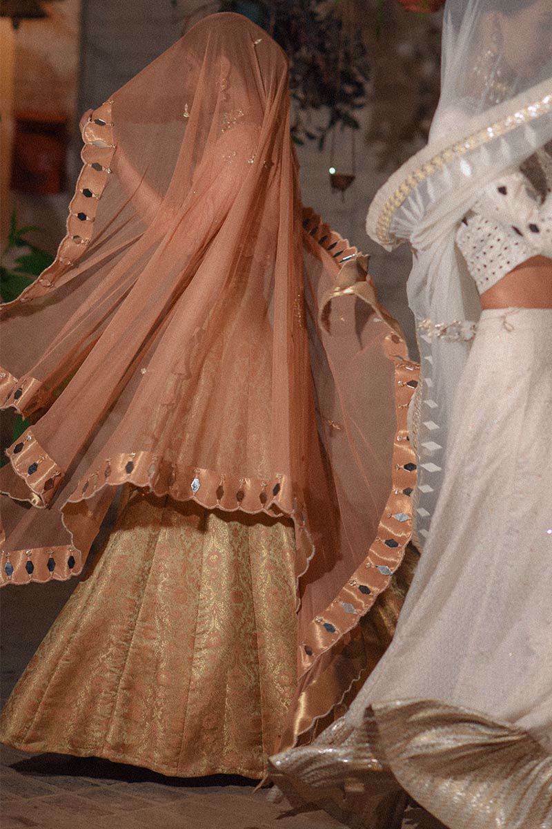 Peach Mirror Work Net & Jamawar Lehenga Choli (3-Piece) - Image 6