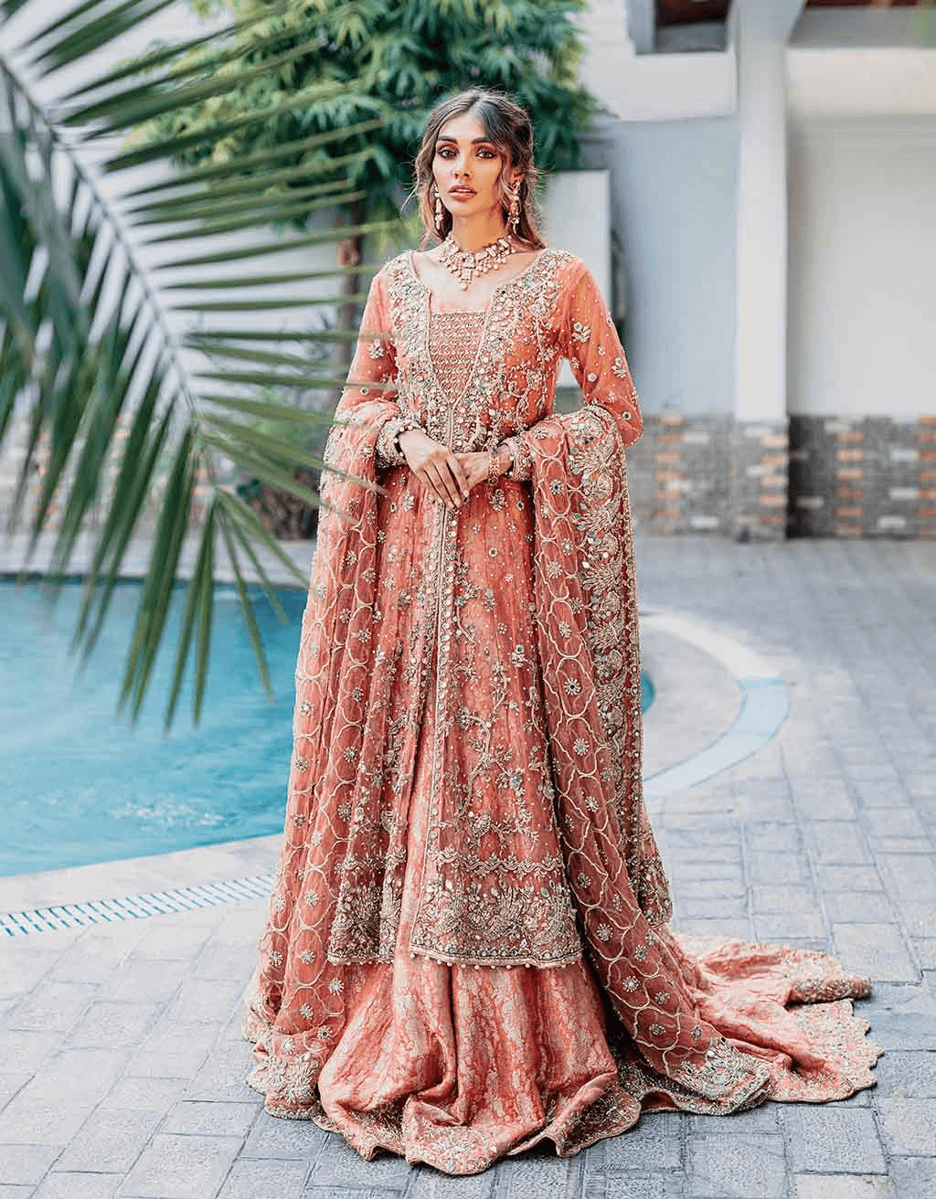 Peach Mirrorwork Net Gown with Jamawar Lehenga (3-Piece) - Image 1