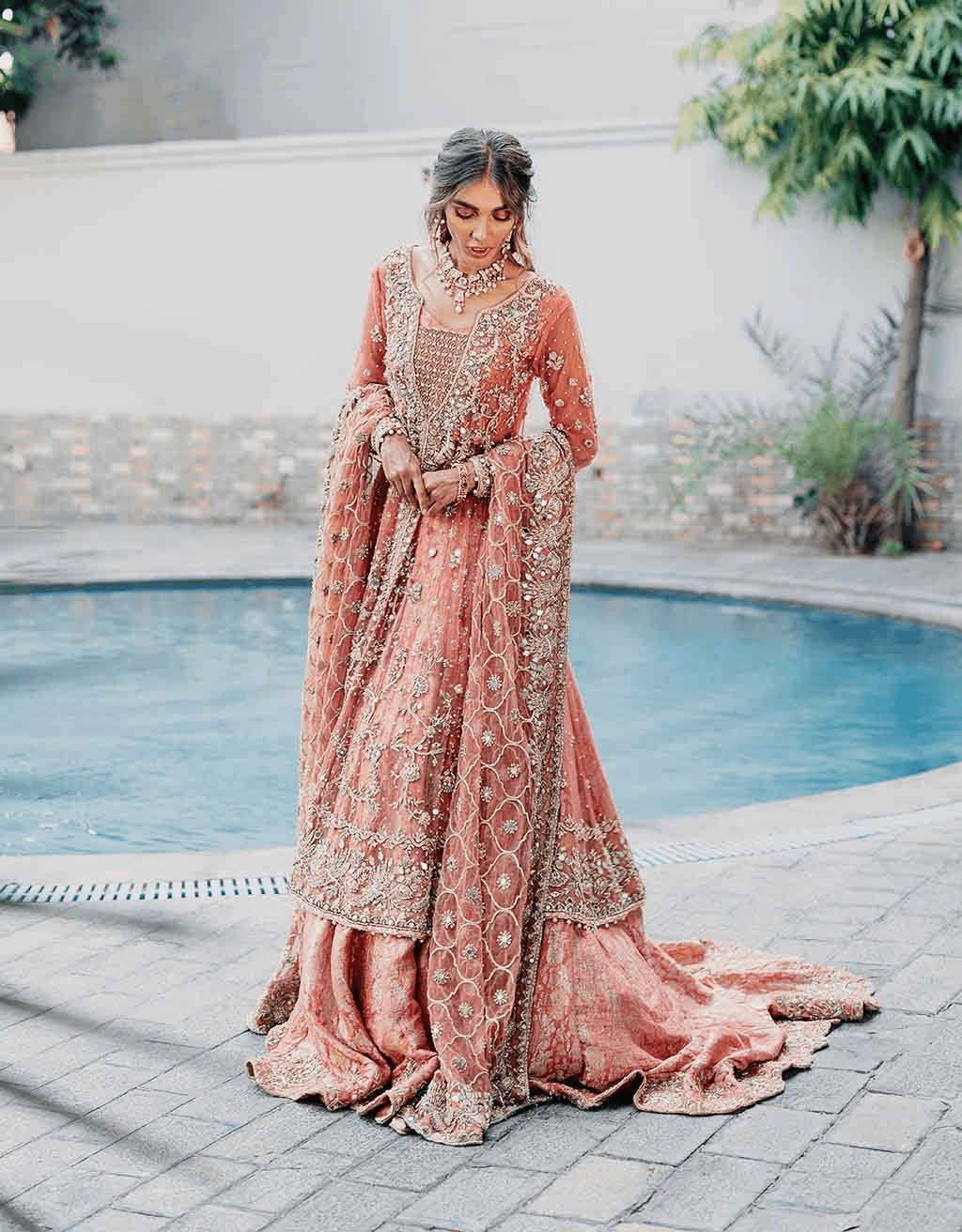 Peach Mirrorwork Net Gown with Jamawar Lehenga (3-Piece) - Image 3