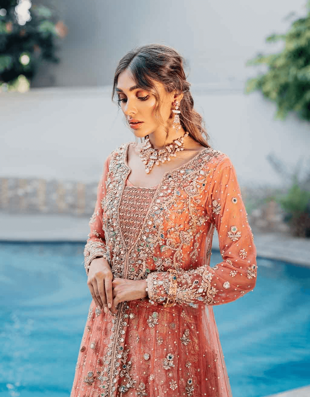 Peach Mirrorwork Net Gown with Jamawar Lehenga (3-Piece) - Image 4