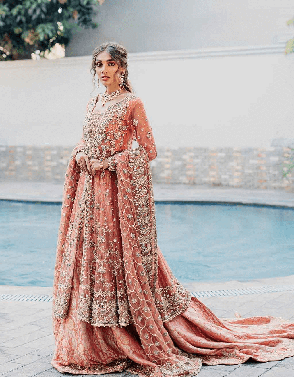 Peach Mirrorwork Net Gown with Jamawar Lehenga (3-Piece) - Image 5