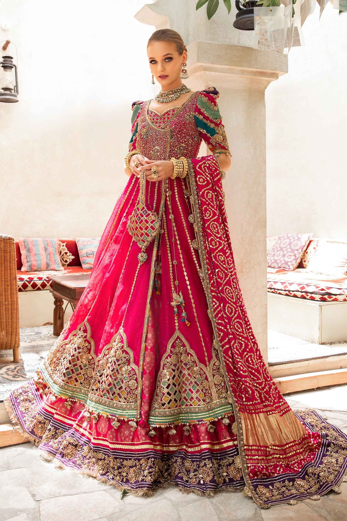 Hot Pink Embellished Organza Angrakha Lehenga (3-Piece) - Image 1