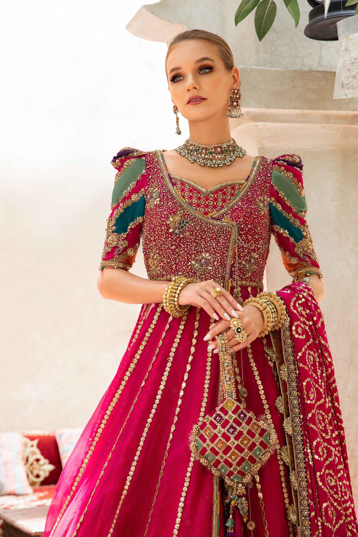 Hot Pink Embellished Organza Angrakha Lehenga (3-Piece) - Image 2