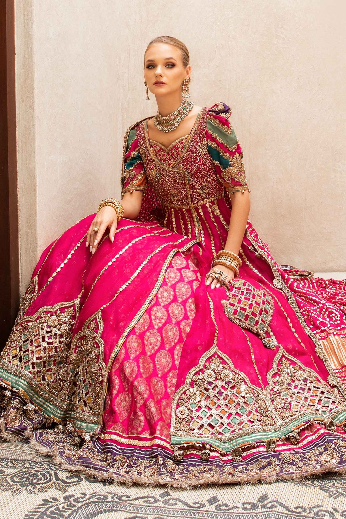 Hot Pink Embellished Organza Angrakha Lehenga (3-Piece) - Image 3