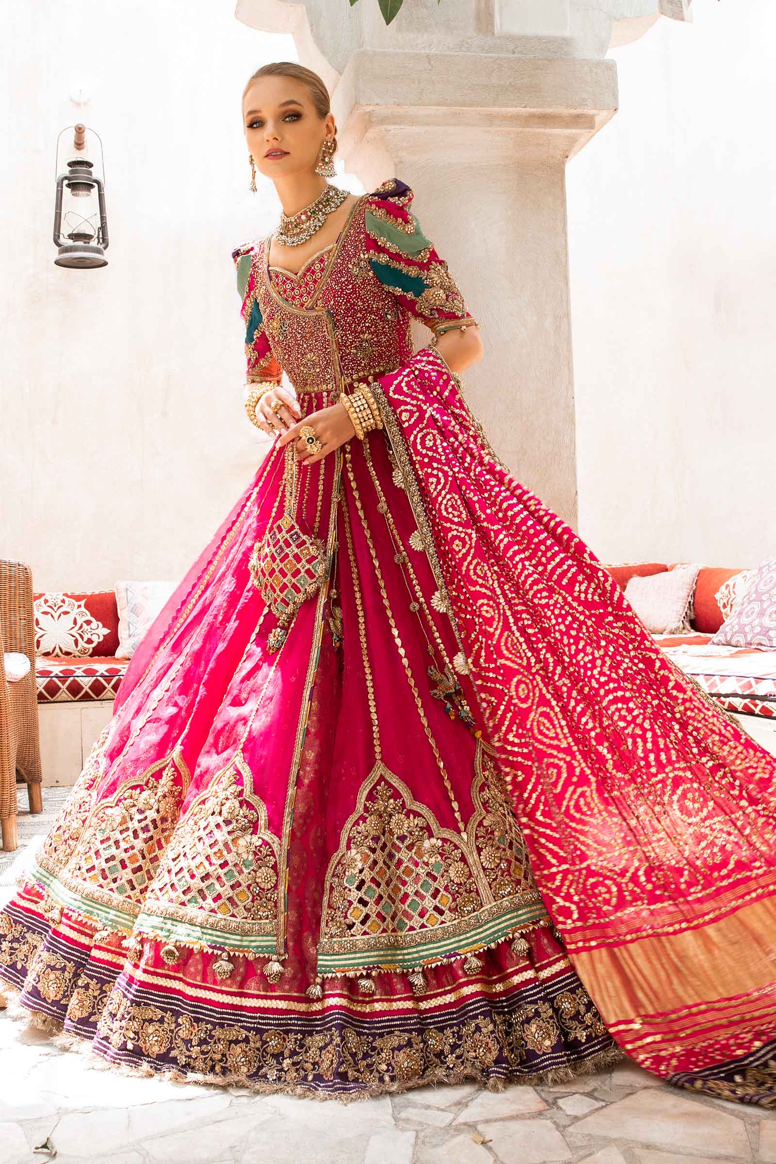 Hot Pink Embellished Organza Angrakha Lehenga (3-Piece) - Image 4