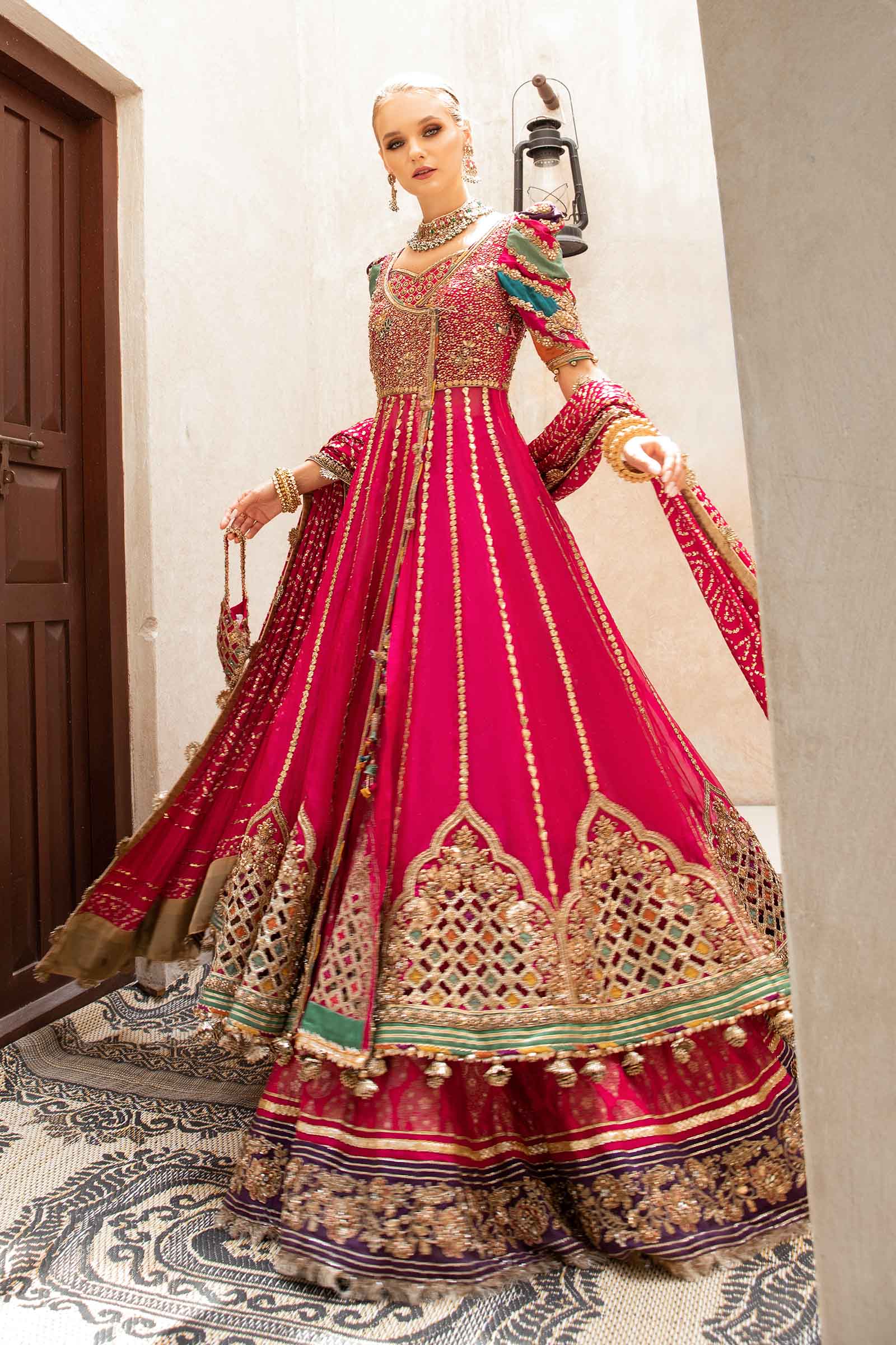 Hot Pink Embellished Organza Angrakha Lehenga (3-Piece) - Image 6