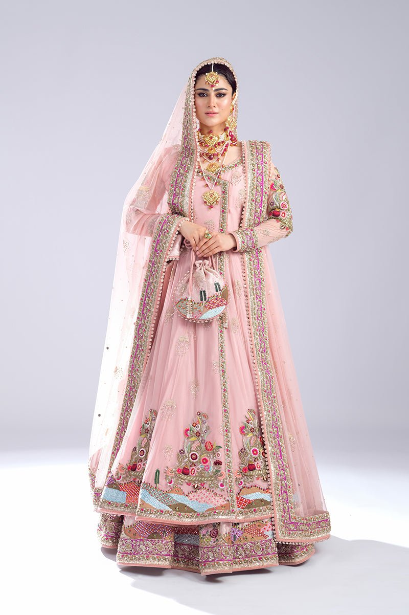 Pakistani Blush Pink Embroidered Net Angrakha Lehenga (3-Piece) - Image 2