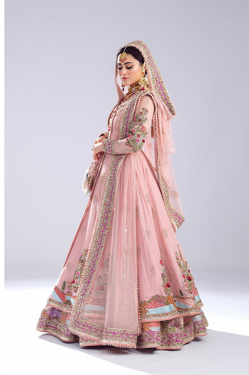 Pakistani Blush Pink Embroidered Net Angrakha Lehenga (3-Piece) - Image 3