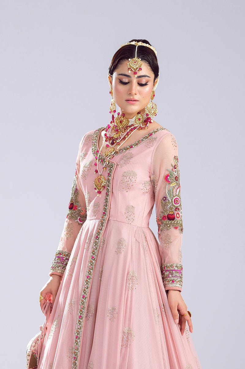 Pakistani Blush Pink Embroidered Net Angrakha Lehenga (3-Piece) - Image 5