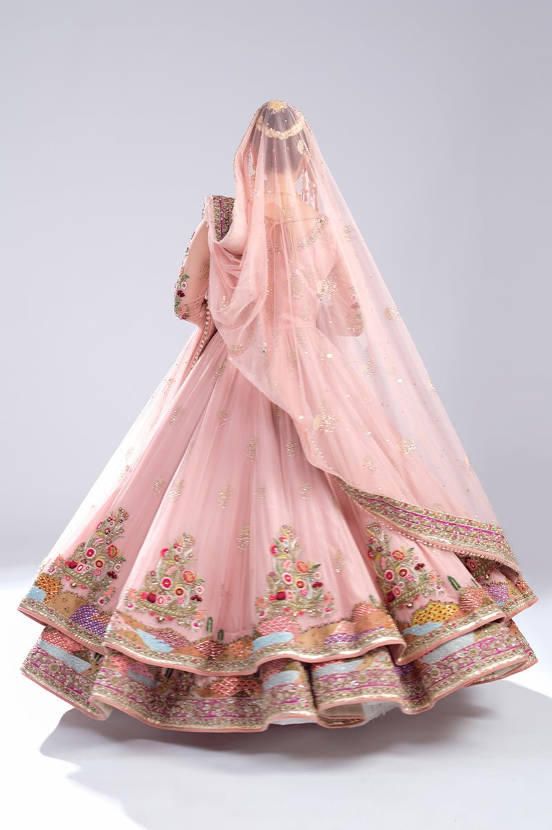 Pakistani Blush Pink Embroidered Net Angrakha Lehenga (3-Piece) - Image 6