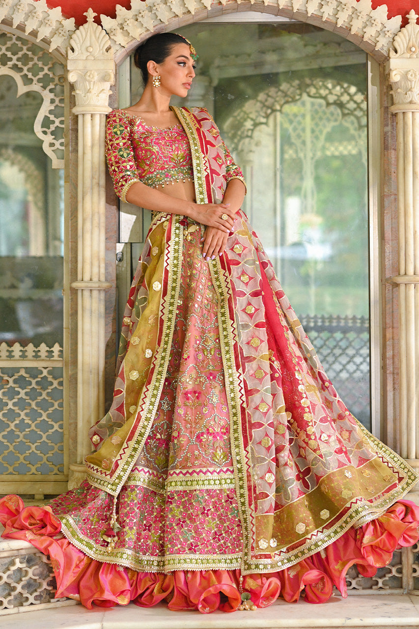 Bright Pink Resham & Gota Self Jamawar Lehenga (3-Piece) - Image 1