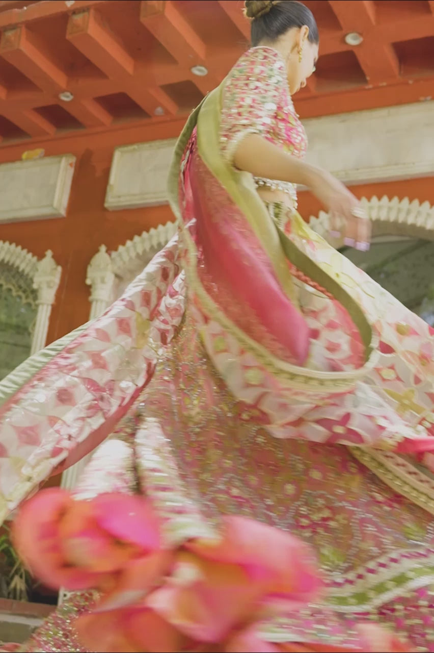 Bright Pink Resham & Gota Self Jamawar Lehenga (3-Piece) - Image 10
