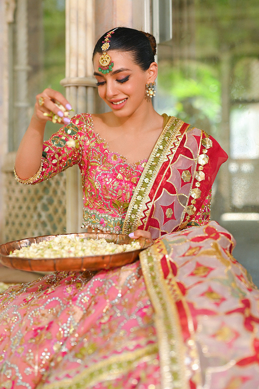 Bright Pink Resham & Gota Self Jamawar Lehenga (3-Piece) - Image 2