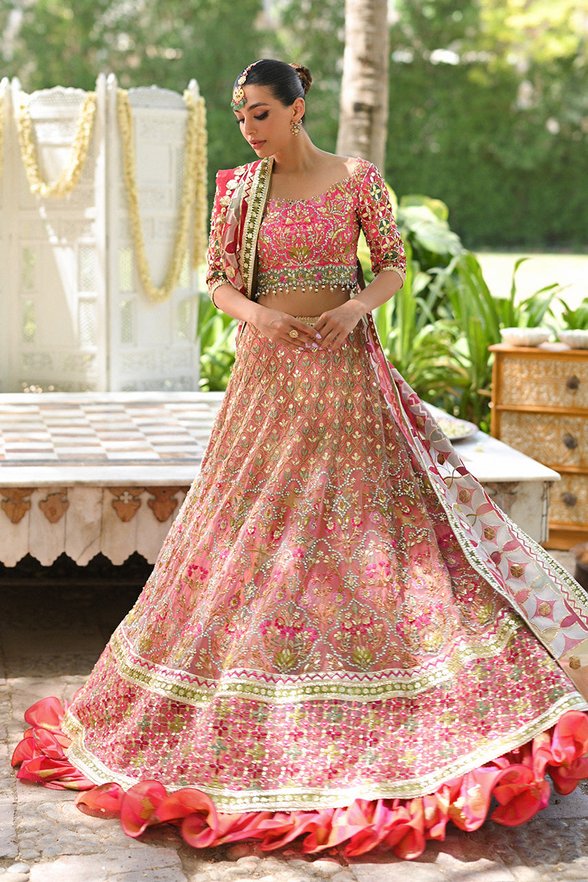 Bright Pink Resham & Gota Self Jamawar Lehenga (3-Piece) - Image 3