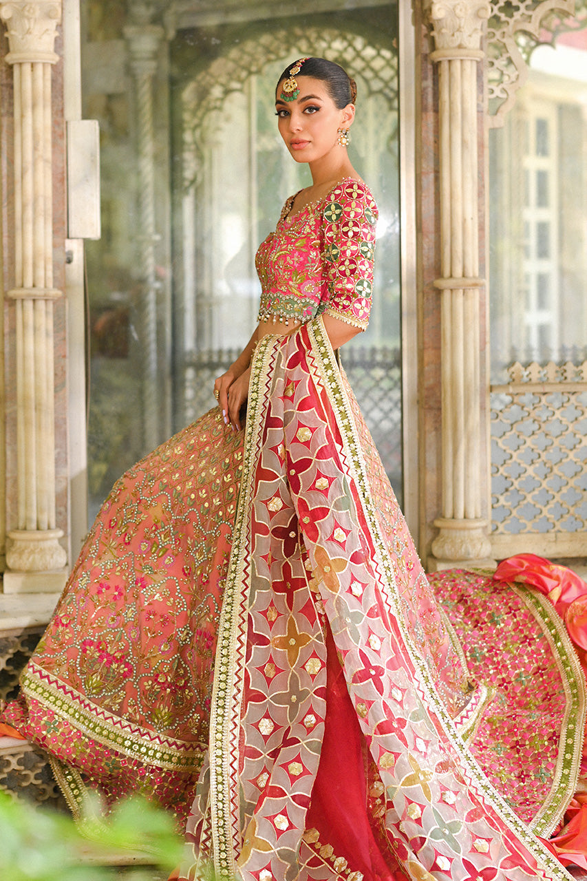 Bright Pink Resham & Gota Self Jamawar Lehenga (3-Piece) - Image 4