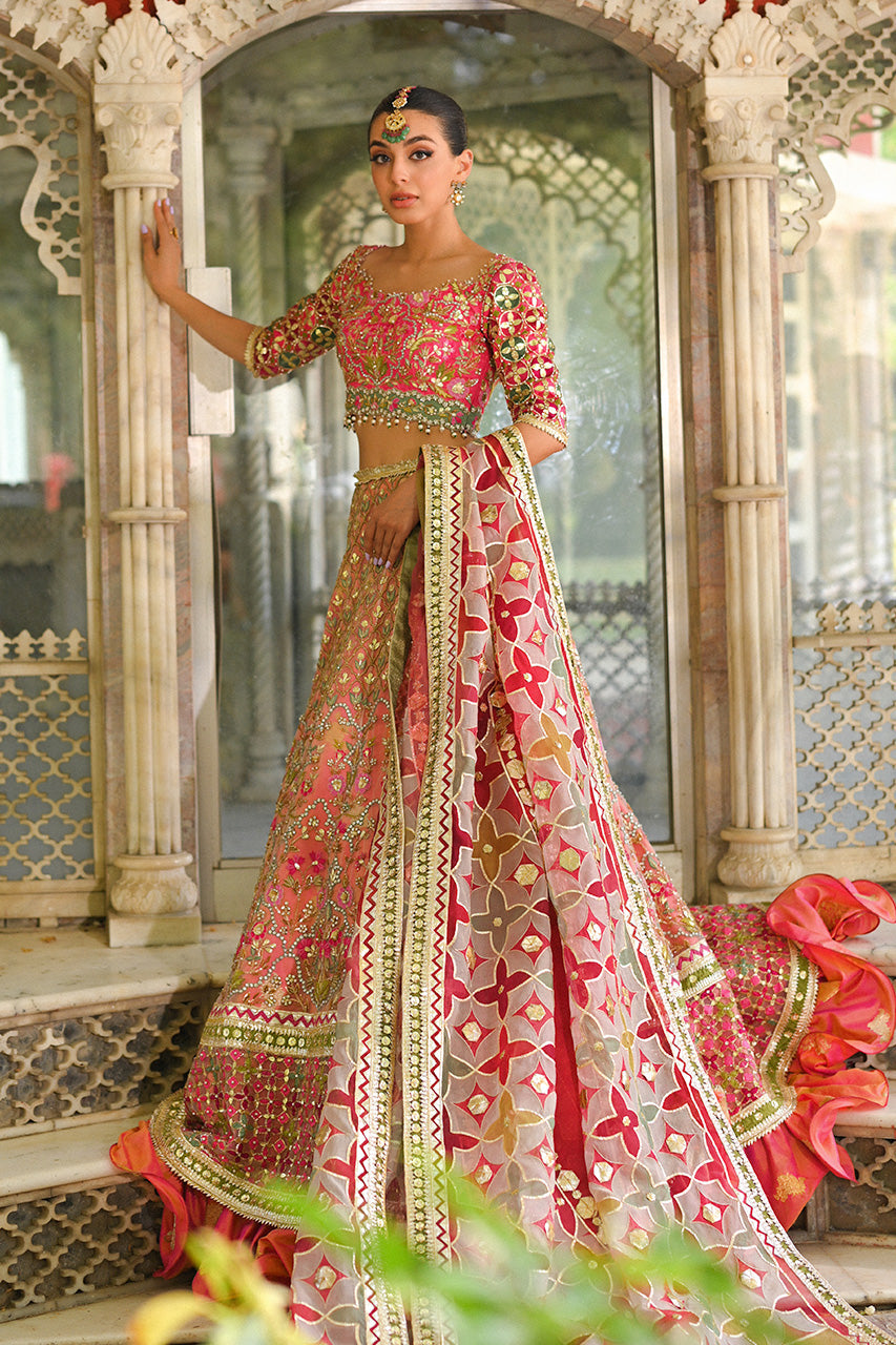 Bright Pink Resham & Gota Self Jamawar Lehenga (3-Piece) - Image 5