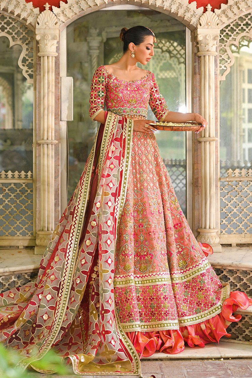 Bright Pink Resham & Gota Self Jamawar Lehenga (3-Piece) - Image 6