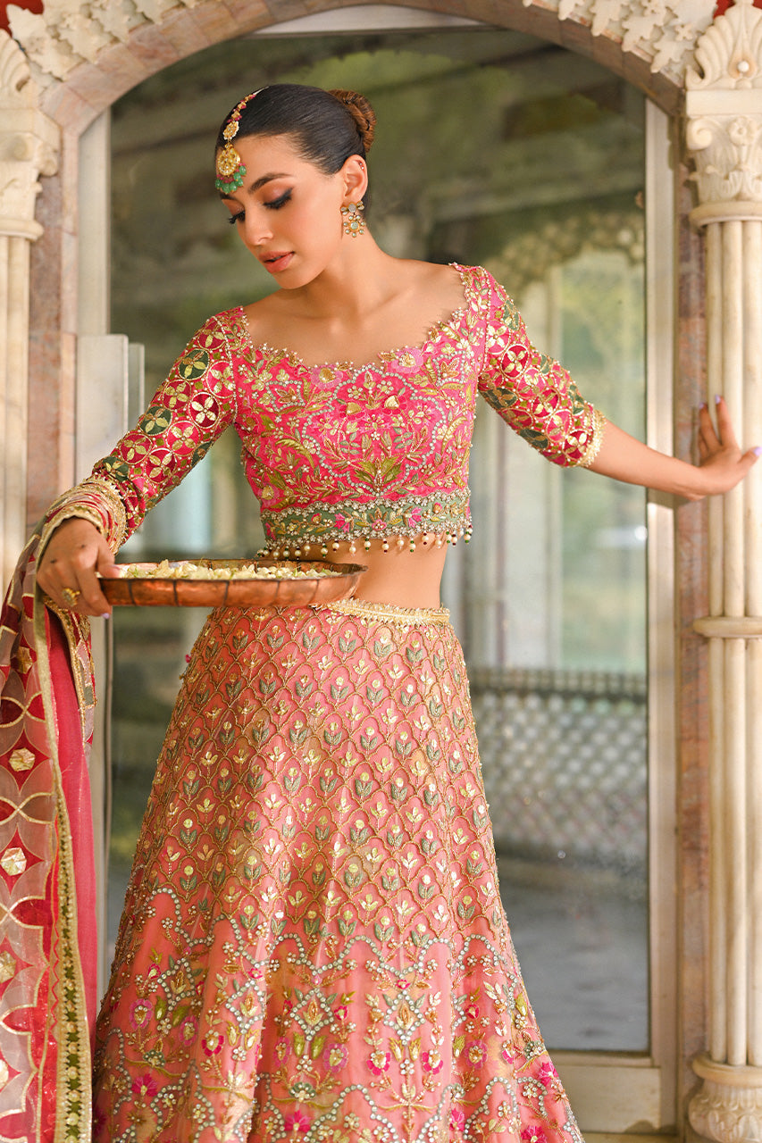 Bright Pink Resham & Gota Self Jamawar Lehenga (3-Piece) - Image 7