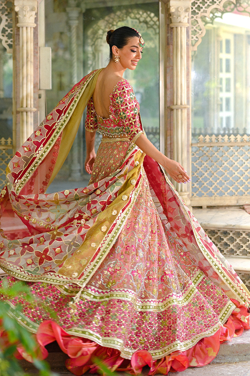 Bright Pink Resham & Gota Self Jamawar Lehenga (3-Piece) - Image 8