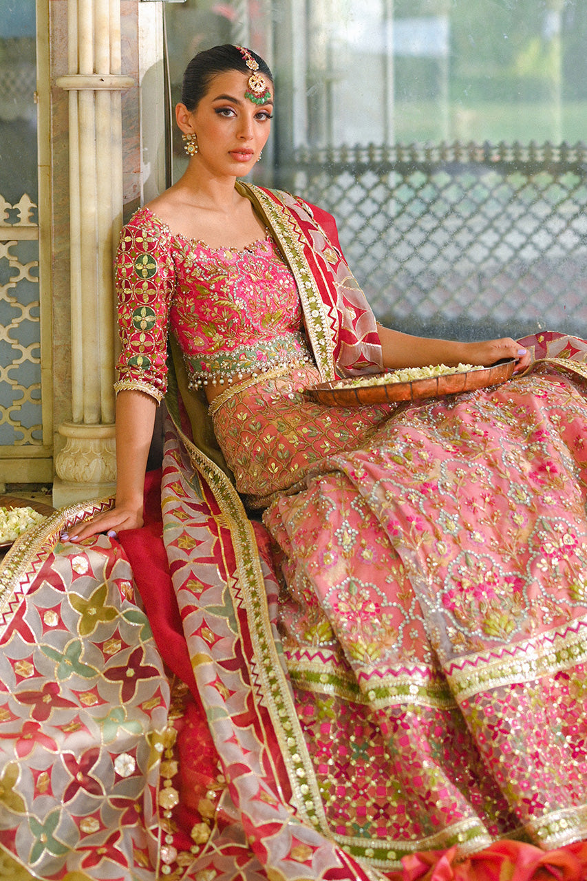 Bright Pink Resham & Gota Self Jamawar Lehenga (3-Piece) - Image 9