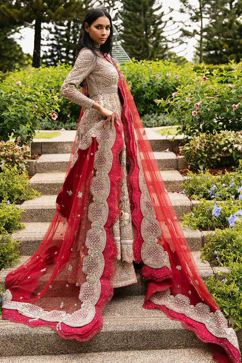 Pakistani Reddish Pink Embellished Net Kalidaar with Jamawar Lehnga (3-Piece) - Image 1