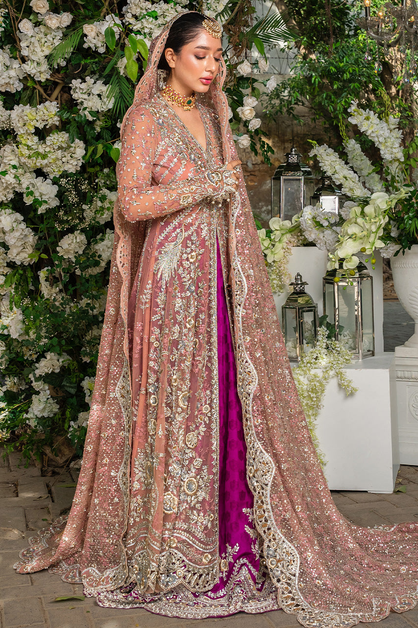 Pakistani Peach Zardozi French Net Peshwas Dress (3-Piece) - Image 1