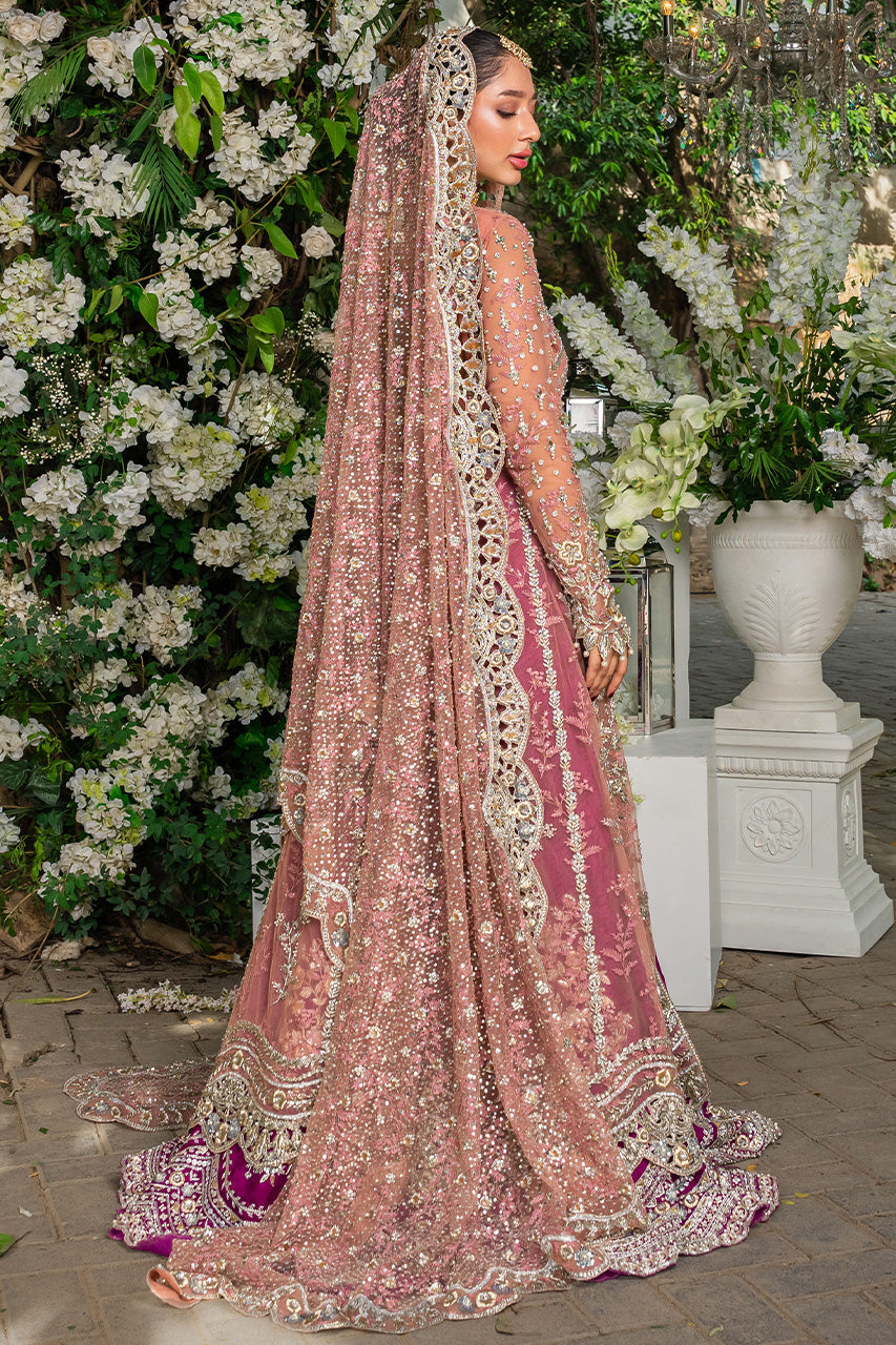 Pakistani Peach Zardozi French Net Peshwas Dress (3-Piece) - Image 2