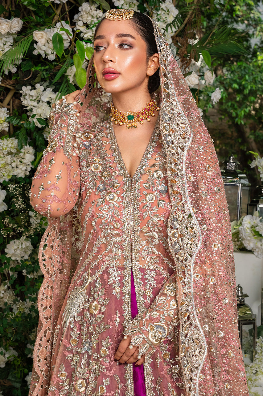 Pakistani Peach Zardozi French Net Peshwas Dress (3-Piece) - Image 3