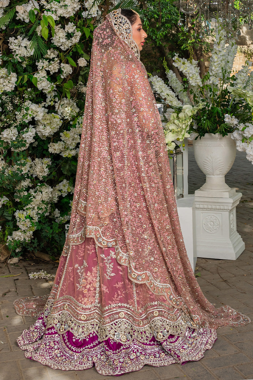 Pakistani Peach Zardozi French Net Peshwas Dress (3-Piece) - Image 4