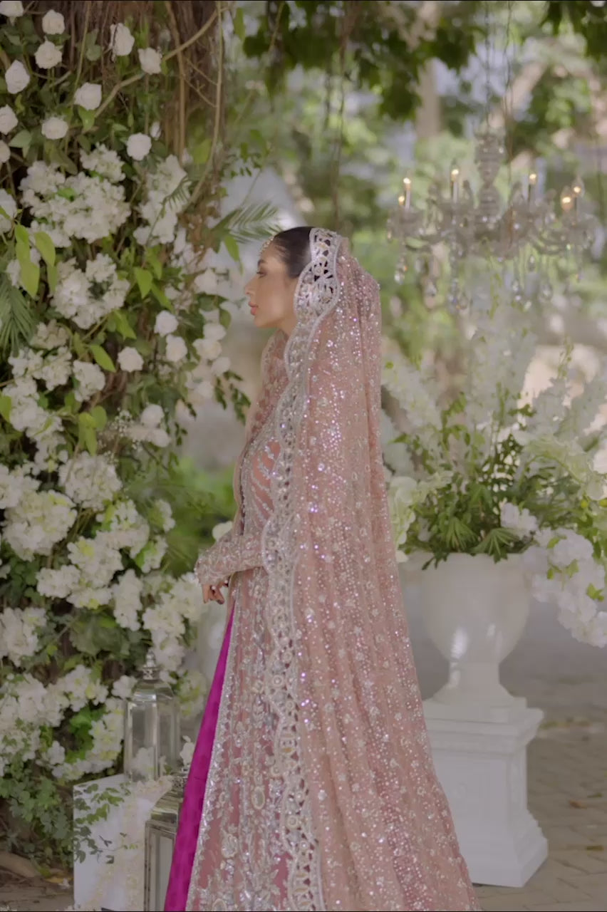 Pakistani Peach Zardozi French Net Peshwas Dress (3-Piece) - Image 5