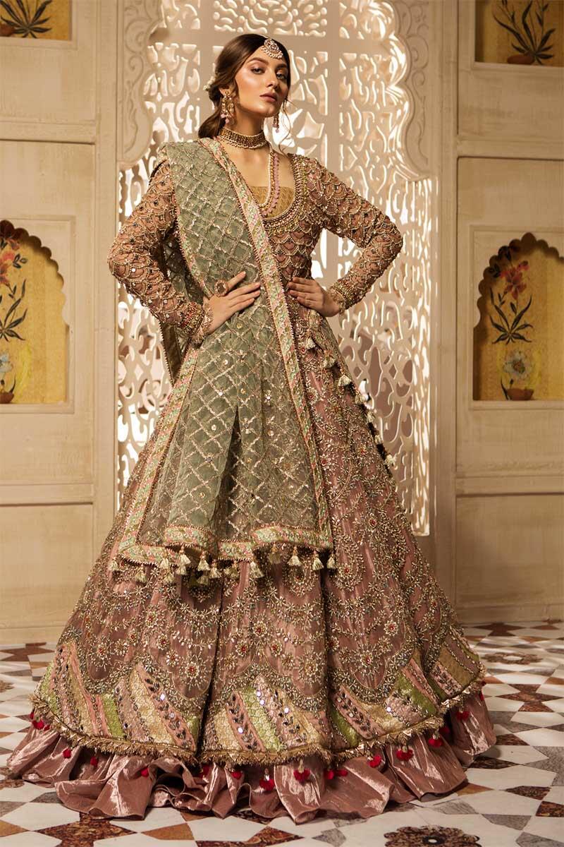 Pakistani Powder Pink & Pistachio Embellished Jamawar Organza Lehenga (4-Piece) - Image 1