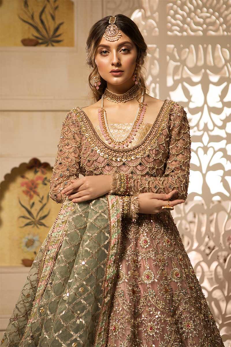Pakistani Powder Pink & Pistachio Embellished Jamawar Organza Lehenga (4-Piece) - Image 2