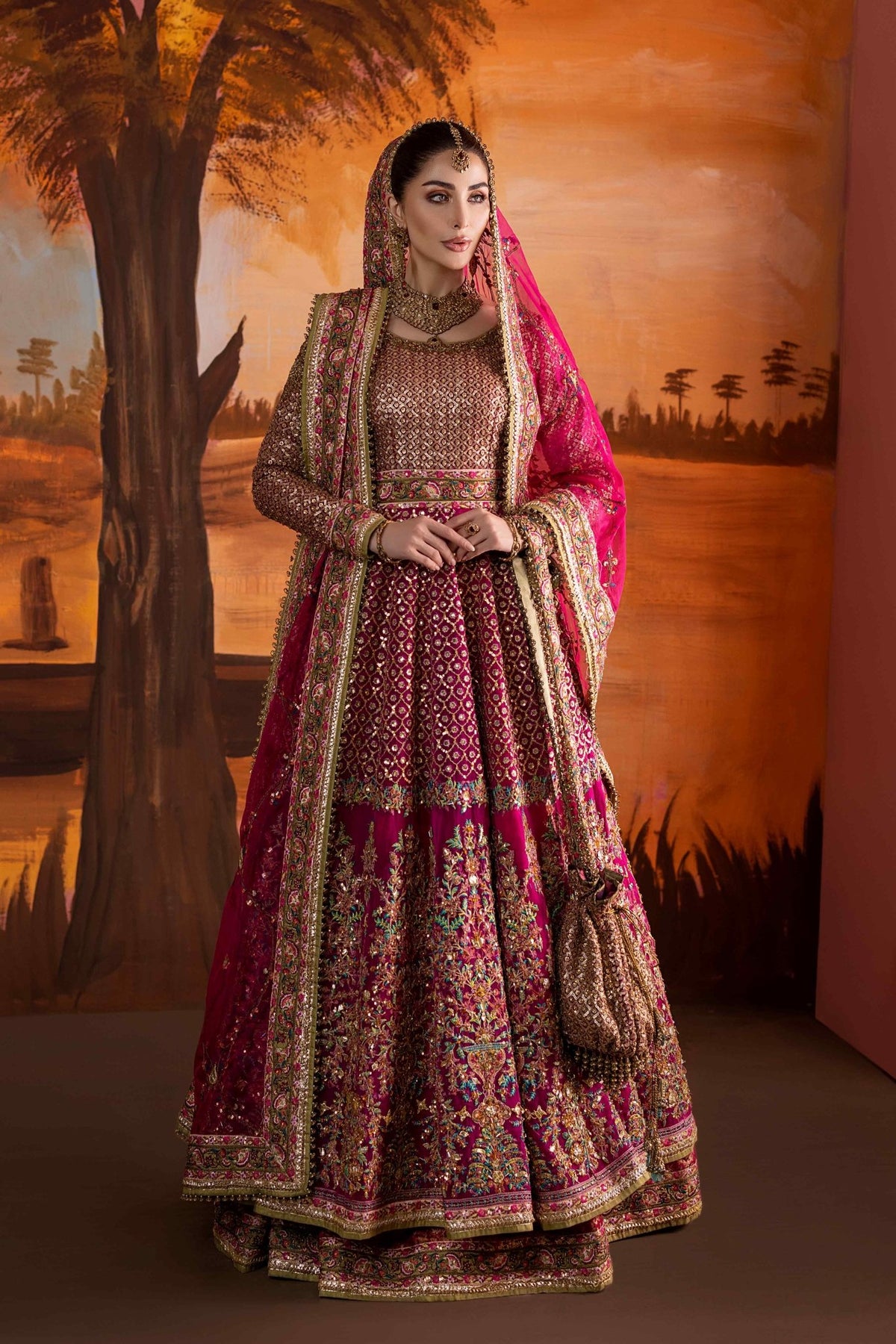Pakistani Hot Pink Embroidered Jamawar Lehenga (3-Piece) - Image 1
