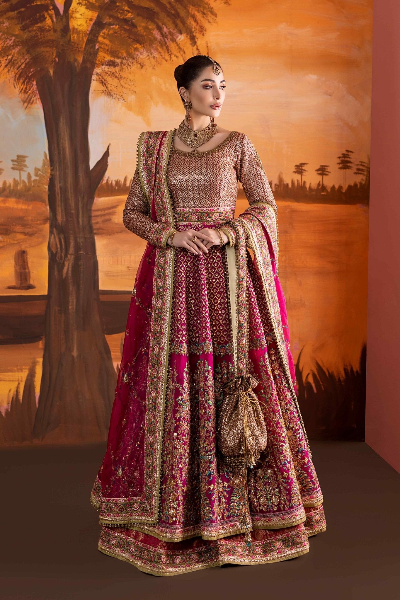 Pakistani Hot Pink Embroidered Jamawar Lehenga (3-Piece) - Image 10